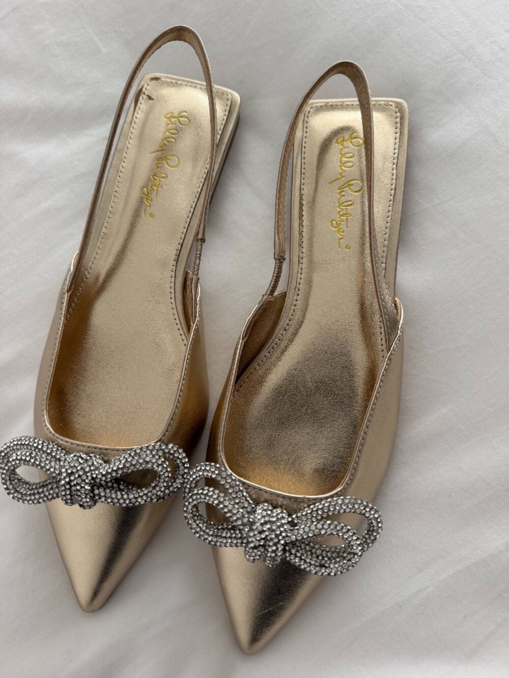 Lilly Pulitzer Gold Metallic Pointed-Toe Slingbacks w/Bedazzled Bow size 7.5